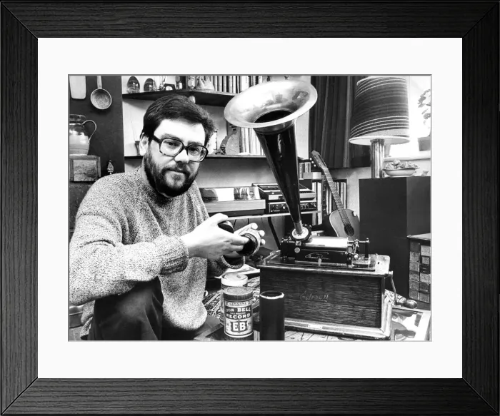 Framed Print : School teacher Ray Stephenson with his record collection in April 1980