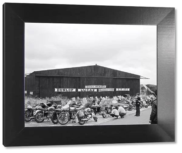Competitors bikes outside one of the hangers at the Daily Herald Motor Cycle Racing