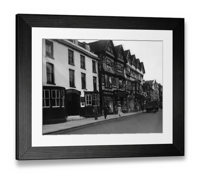 Framed Print : Staffordshire... Two of the towns oldest buildings, the 15th century Swan Hotel Framed Print : Staffordshire... Two of the towns oldest buildings, the 15th century Swan Hotel