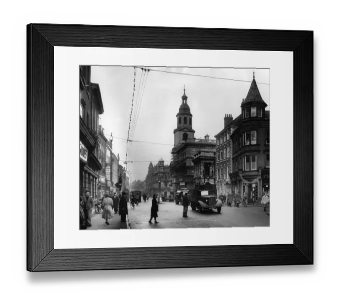 Framed Print : Street scene in the town centre of Worcester showing The Cross with St. Nicholas s Framed Print : Street scene in the town centre of Worcester showing The Cross with St. Nicholas s