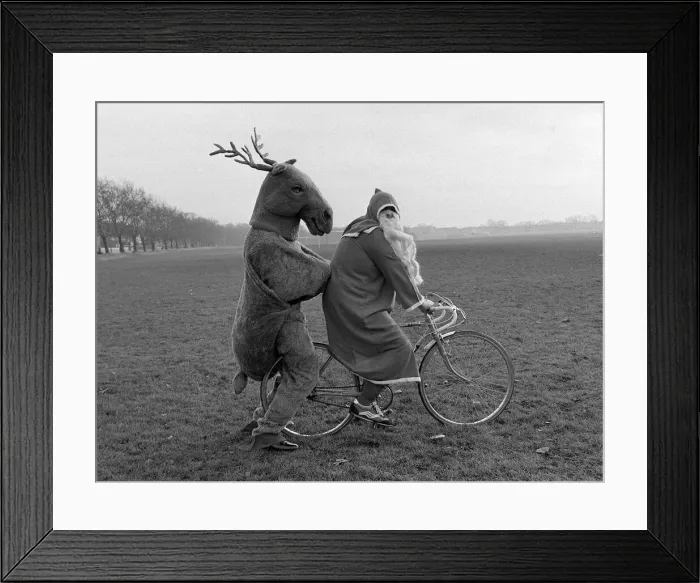 Framed Print : Father Christmas and his Rudolf the Reindeer - bike stunt A©Mirrorpix circa 1980
