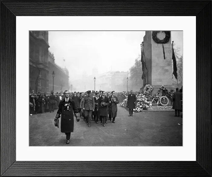 Framed Print : Soldiers active and de-mobbed march pass the cenotaph in Whitehall on the first Framed Print : Soldiers active and de-mobbed march pass the cenotaph in Whitehall on the first