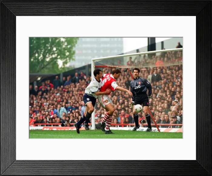 Framed Print : Arsenal v. Tottenham Hotspur. 29th April 1995. David Seaman watches Tony Framed Print : Arsenal v. Tottenham Hotspur. 29th April 1995. David Seaman watches Tony