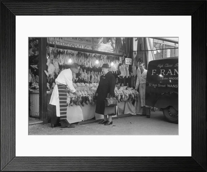 Framed Print : Christmas turkeys on display at F. Range High Class Butchers shop at 37 Wanstead High Framed Print : Christmas turkeys on display at F. Range High Class Butchers shop at 37 Wanstead High