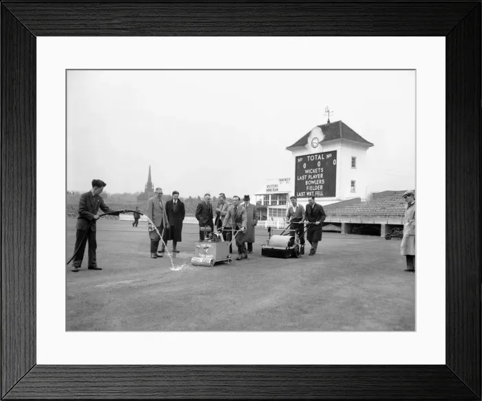 Framed Print : Testing out a new drying machine at Warwick C. C. C, Edgbaston. 21st April 1955