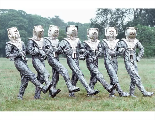 Extras dressed as Cybermen seen here on location near Arundel during the filming of