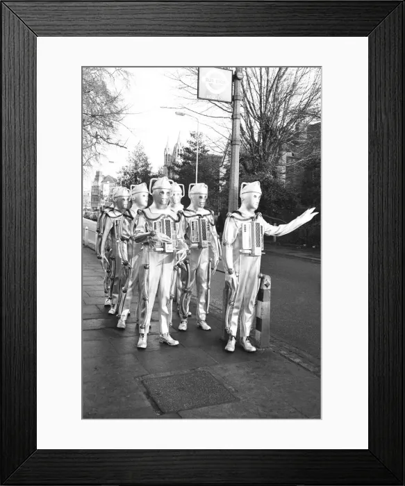 Framed Print : Cybermen take a break from filming at the BBC Ealing studios for Dr Who story call Framed Print : Cybermen take a break from filming at the BBC Ealing studios for Dr Who story call