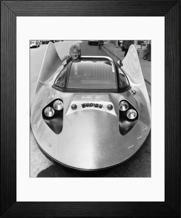 Framed Print : Actor Jon Pertwee, Dr Who in the TV series, has had a flying saucer style car made for Framed Print : Actor Jon Pertwee, Dr Who in the TV series, has had a flying saucer style car made for