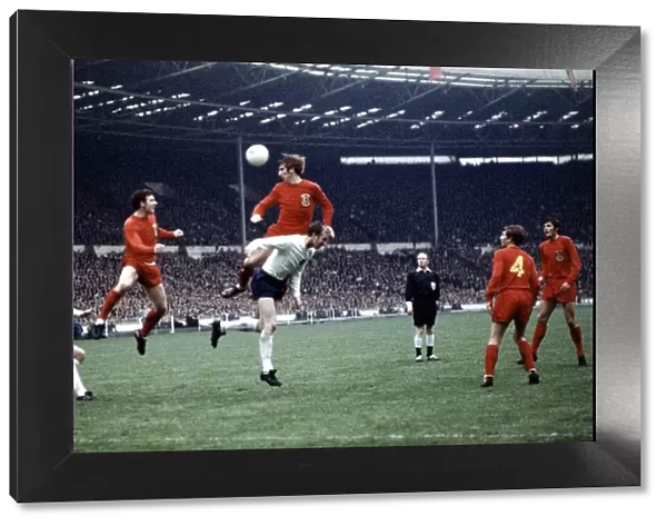 Football England v Wales 1969 Wyn Davies leaps above Jack Charlton May 1969