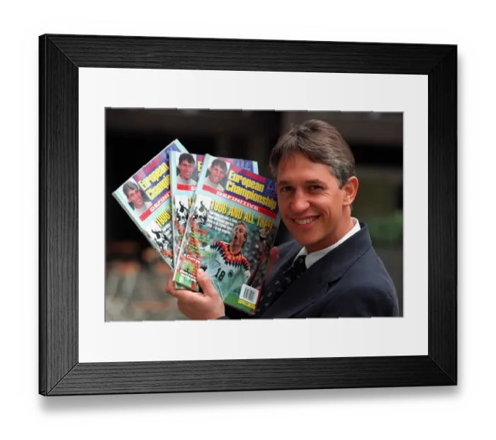 Framed Print : Gary Lineker TV Presenter promoting his own guide to Euro 96 called Gary Linekers Framed Print : Gary Lineker TV Presenter promoting his own guide to Euro 96 called Gary Linekers