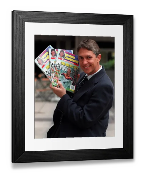 Framed Print : Gary Lineker TV Presenter promoting his own guide to Euro96 call Gary Linekers European Framed Print : Gary Lineker TV Presenter promoting his own guide to Euro96 call Gary Linekers European