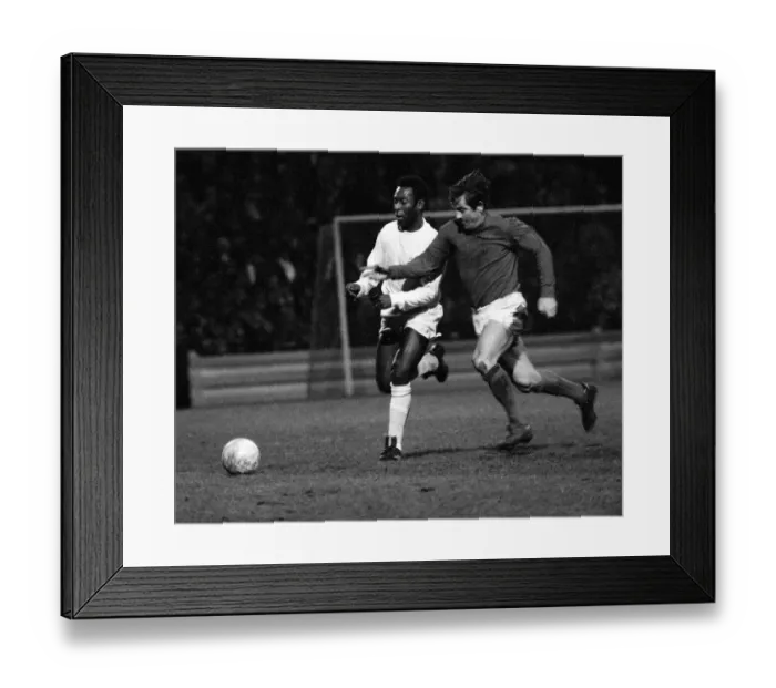 Framed Print : Brazilian football star Pele of Santos chases for the ball with Alan Mullery of Fulham Framed Print : Brazilian football star Pele of Santos chases for the ball with Alan Mullery of Fulham