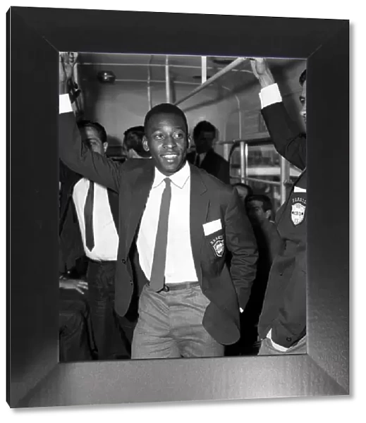 Brazilian football star Pele on the bus as the Brazilian squad arrives at London airport
