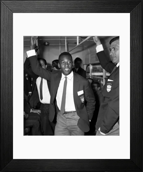 Framed Print : Brazilian football star Pele on the bus as the Brazilian squad arrives at London airport