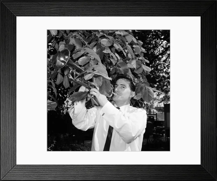 Framed Print : Jazz trumpeter Kenny Ball pictured in Londons Embankment gardens during rehearsals