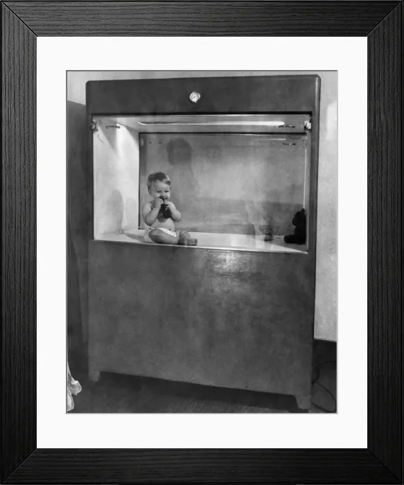 Framed Print : Baby lives in box. April 1948 Framed Print : Baby lives in box. April 1948