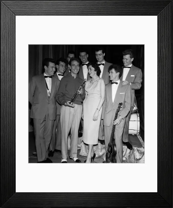Framed Print : Band Leader John Barry 23 with members of his band & their new champeron Amy Rosser 25 Framed Print : Band Leader John Barry 23 with members of his band & their new champeron Amy Rosser 25