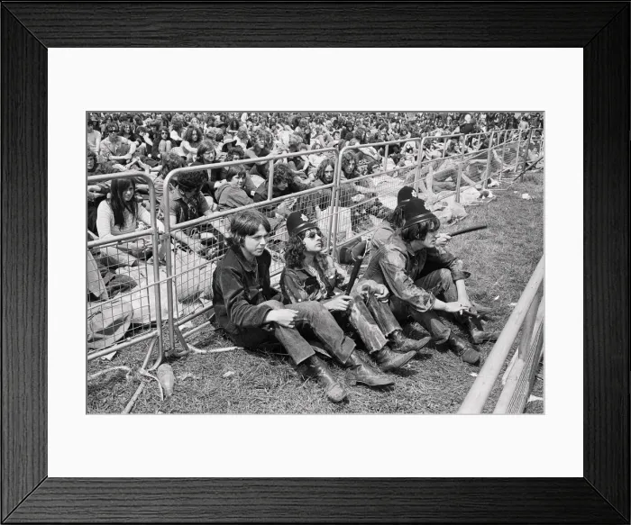 Framed Print : Reading Pop Festival. Music fans wearing police helmets