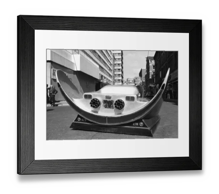 Framed Print : Actor Jon Pertwee, Dr Who in the TV series, has had a flying saucer style car made for
