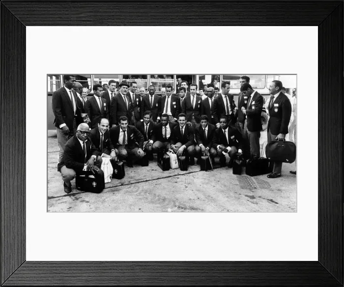 Framed Print : Pele and Brazil football Team arrive at London Airport June1966 for the 1966 World Cup in