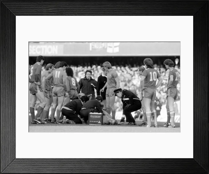 Framed Print : FA Cup Fourth Round. Chelsea 1 v. Liverpool 2. Kerry Dixon of Chelsea on the ground Framed Print : FA Cup Fourth Round. Chelsea 1 v. Liverpool 2. Kerry Dixon of Chelsea on the ground