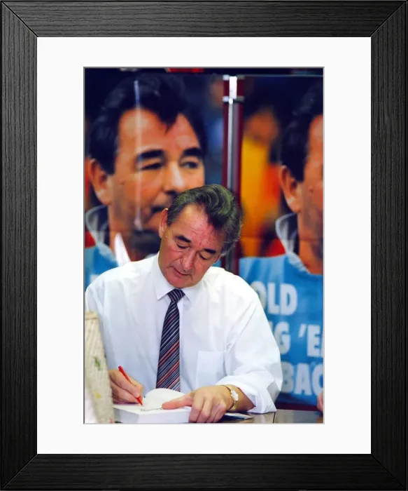 Framed Print : Brian Clough signs copies of his autobiography at Roker Park, Sunderland 23 November 1984 Framed Print : Brian Clough signs copies of his autobiography at Roker Park, Sunderland 23 November 1984
