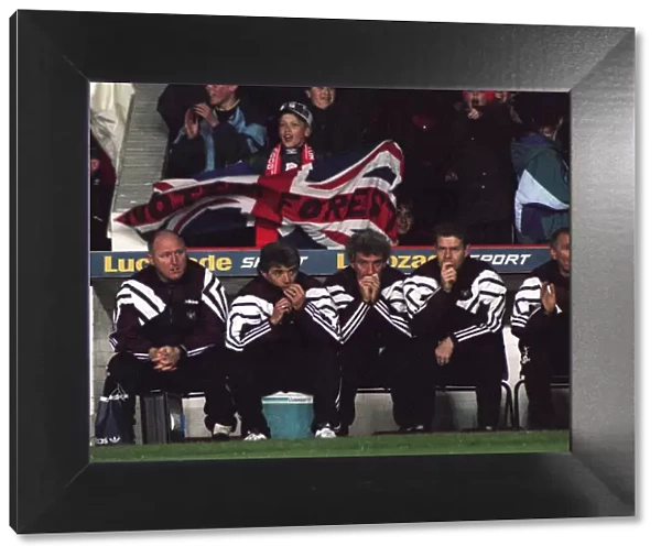 Kevin Keegan Newcastle United Football Manager and his staff sit on the bench in