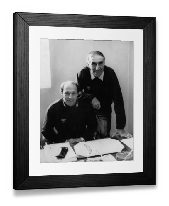 Framed Print : Bob Stokoe Manager of Carlisle United (right) hands over the running of the club to new Framed Print : Bob Stokoe Manager of Carlisle United (right) hands over the running of the club to new