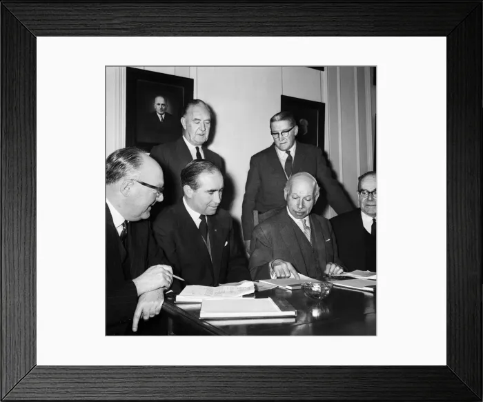 Framed Print : New England manager Alf Ramsey at Lancaster Gate with the FA Selection Committee