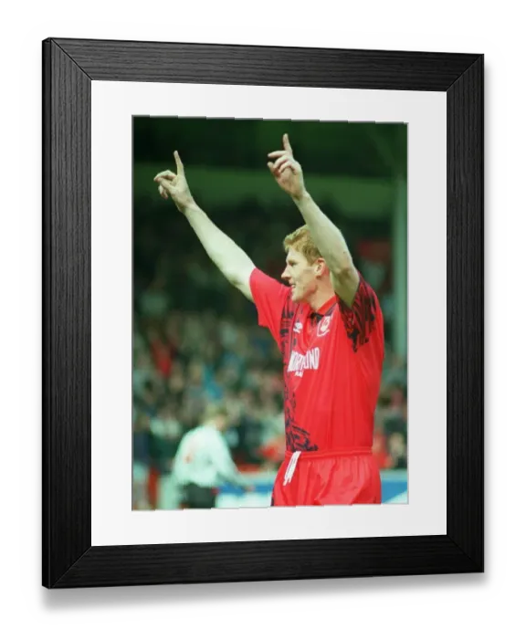 Framed Print : Duncan Shearer Aberdeen football player celebrates after scoring his 2nd goal against Framed Print : Duncan Shearer Aberdeen football player celebrates after scoring his 2nd goal against
