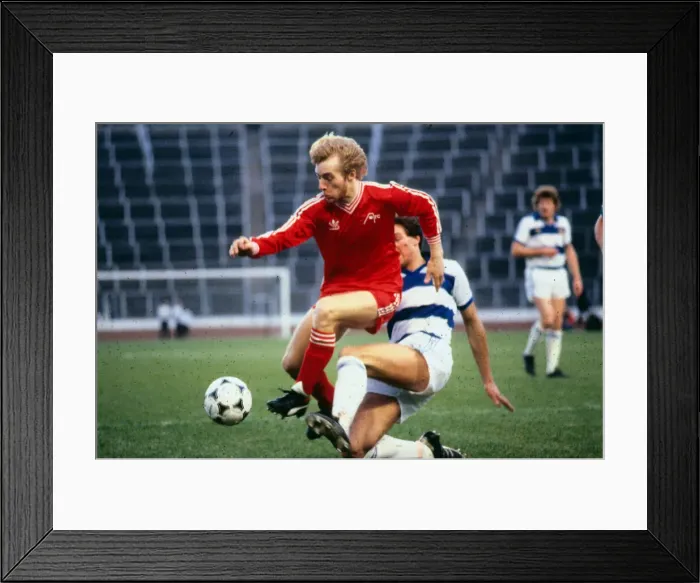 Framed Print : Steve Archibald Aberdeen football player is tackled by Joe McLaughlin of Morton in a Framed Print : Steve Archibald Aberdeen football player is tackled by Joe McLaughlin of Morton in a