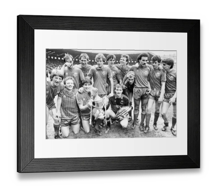 Framed Print : Aberdeen football players team celebrate after winning the 1983 Scottish FA Cup trophy