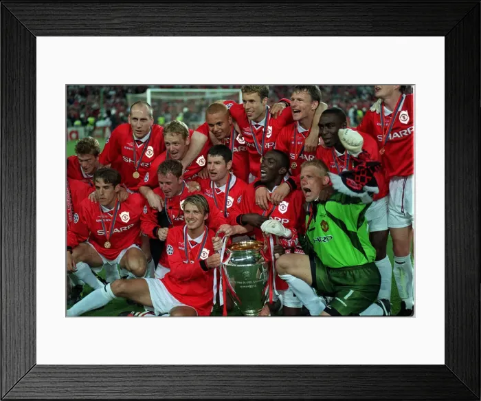 Framed Print : Manchester United players May 1999 including goalkepeer Peter Schmeichel (3rd R Framed Print : Manchester United players May 1999 including goalkepeer Peter Schmeichel (3rd R