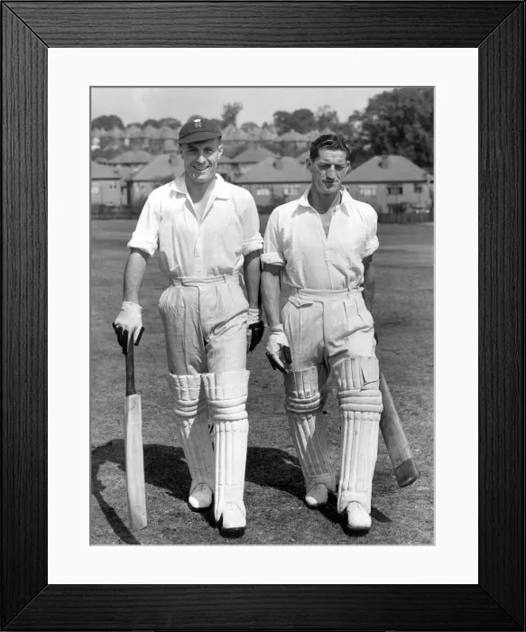 Framed Print : Arsenal FC Cricket team. Don Roper (l) and Ronnie Rooke take to the crease for the annual Framed Print : Arsenal FC Cricket team. Don Roper (l) and Ronnie Rooke take to the crease for the annual