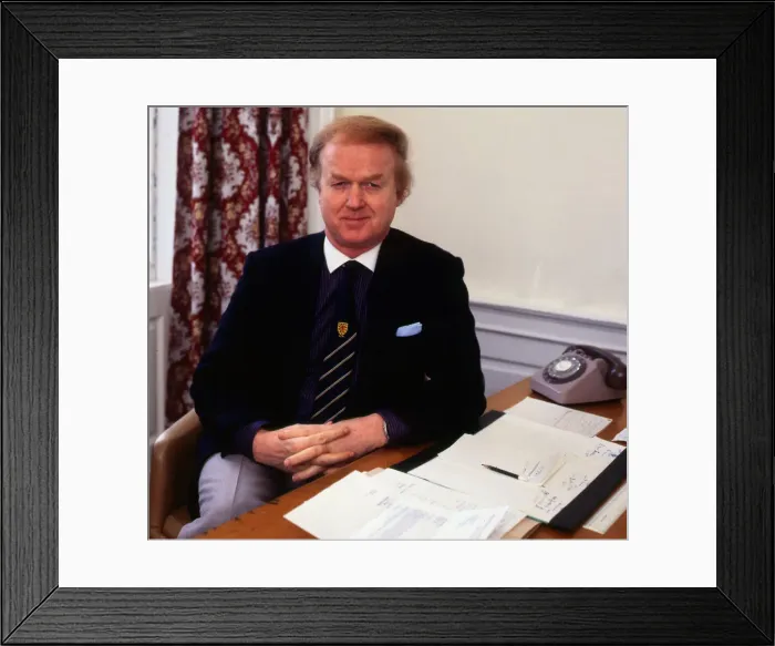 Framed Print : Archie MacPherson Sporst Commentator sitting at desk November 1985 Framed Print : Archie MacPherson Sporst Commentator sitting at desk November 1985
