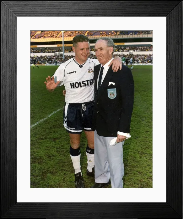 Framed Print : Danny Blanchflower right who played for Tottenham FC with Paul Gascoigne, August 1990 Framed Print : Danny Blanchflower right who played for Tottenham FC with Paul Gascoigne, August 1990