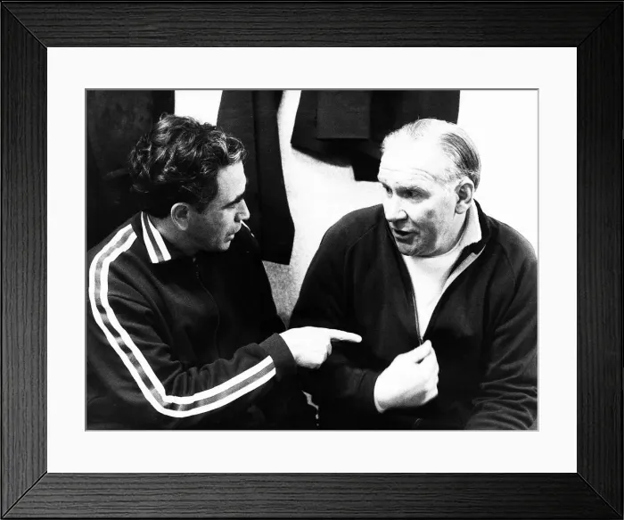 Framed Print : Bill Nicholson (R) Tottenham manager chatting to Dynamo coach Alexi Kotrekadze