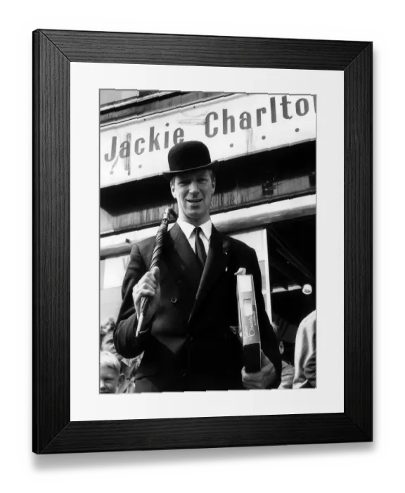 Framed Print : Jack Charlton Leeds United football player wearing suit & bowler hat Framed Print : Jack Charlton Leeds United football player wearing suit & bowler hat
