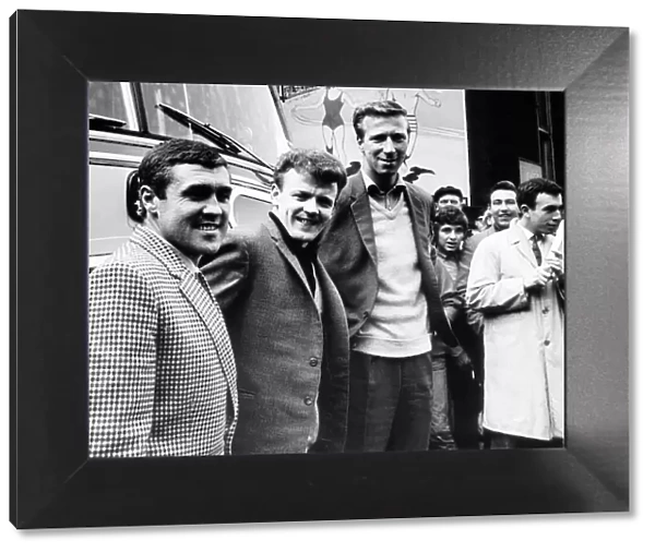Leeds United football players Bobby Collins, Billy Bremner & Jack Charlton return home to