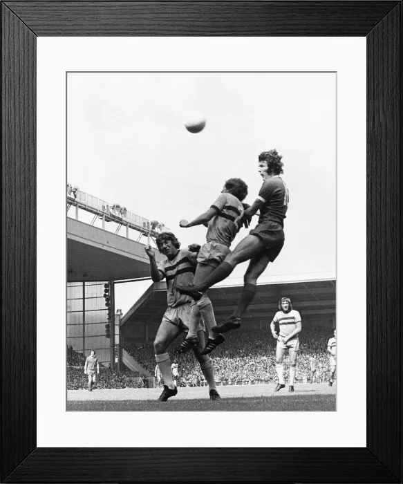 Framed Print : Liverpool v West Ham Liverpools John Toshack climbs above the Hammers defence to head for Framed Print : Liverpool v West Ham Liverpools John Toshack climbs above the Hammers defence to head for