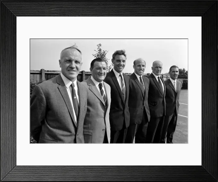Framed Print : Liverpool manager Bill Shankly (left) and his new team of backroom staff (left to right)