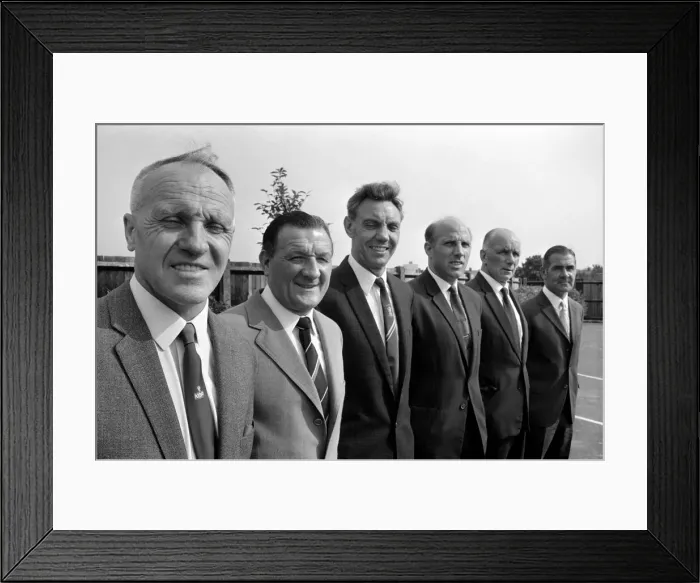 Framed Print : Liverpool manager Bill Shankly (left) and his new team of backroom staff (left to right)
