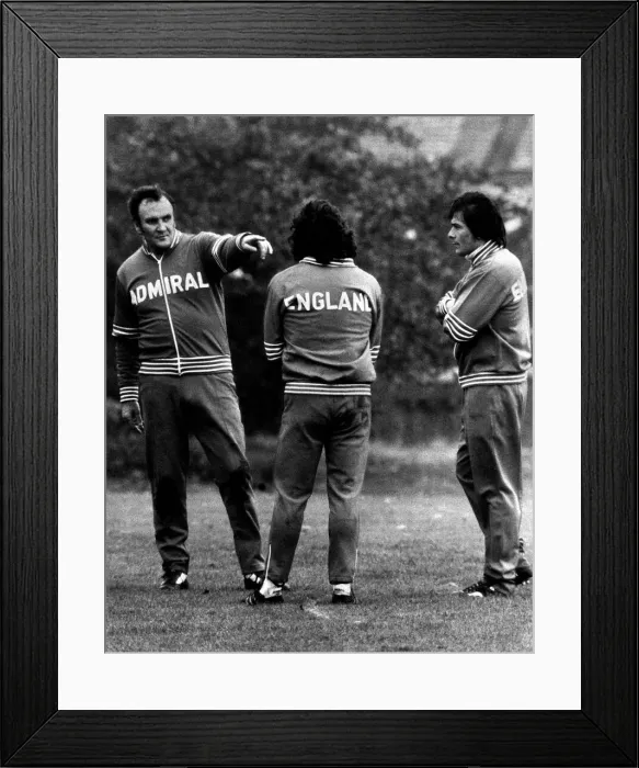 Framed Print : England manager Don Revie during training. With is 2 men that he hopes that will put Framed Print : England manager Don Revie during training. With is 2 men that he hopes that will put