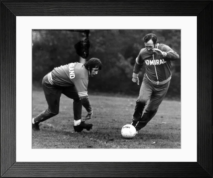 Framed Print : Don Revie joins in on the training to beat Mick Channon May 1976 ***