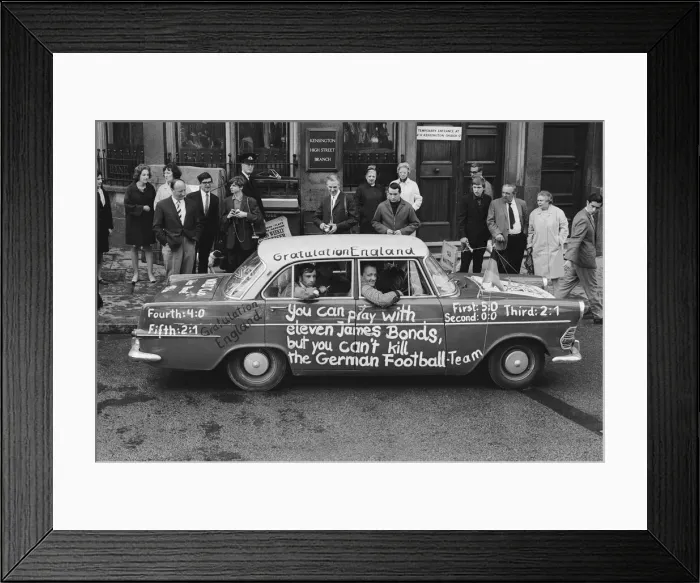 Framed Print : 1966 World Cup Tournament in England. A West German car with the message Framed Print : 1966 World Cup Tournament in England. A West German car with the message