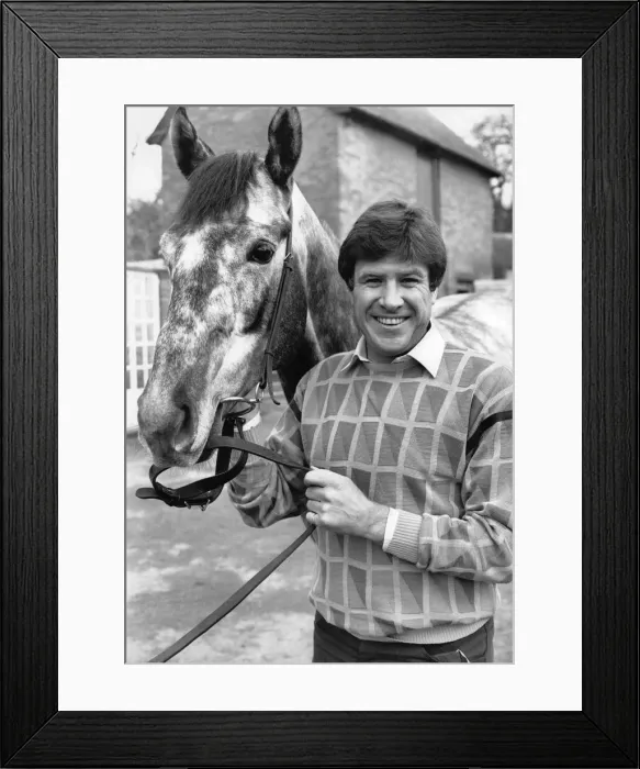 Framed Print : Emlyn Hughes at Shrewton stables with Devils Run. February 1987 P005615 Framed Print : Emlyn Hughes at Shrewton stables with Devils Run. February 1987 P005615