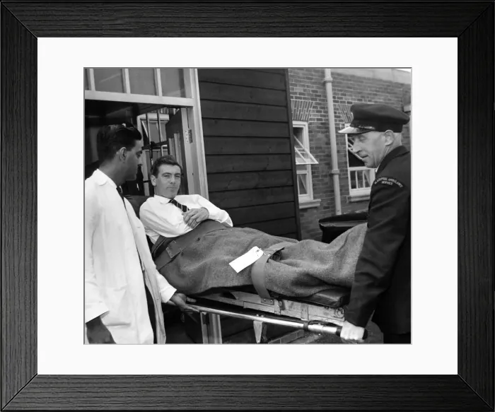 Framed Print : Johnny Haynes leaves Hospital. England and Fulham Soccer star Johnny Haynes is carried Framed Print : Johnny Haynes leaves Hospital. England and Fulham Soccer star Johnny Haynes is carried