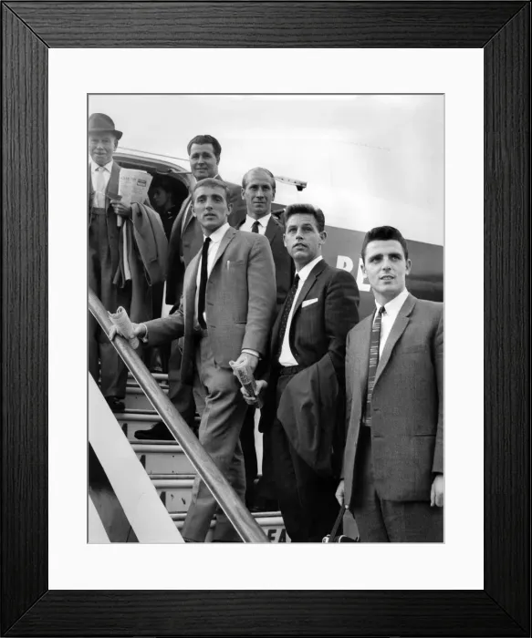 Framed Print : Four English International footballers leave Ringway airport to join the England party in Framed Print : Four English International footballers leave Ringway airport to join the England party in