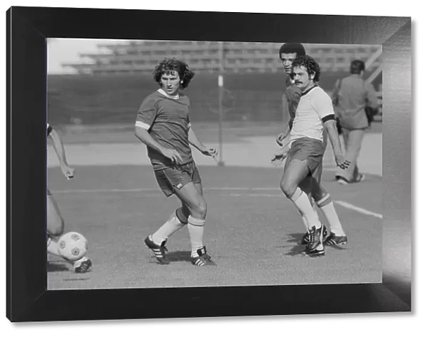 Brazilian football star Zico in a training session with teammate Rivelino ahead of their
