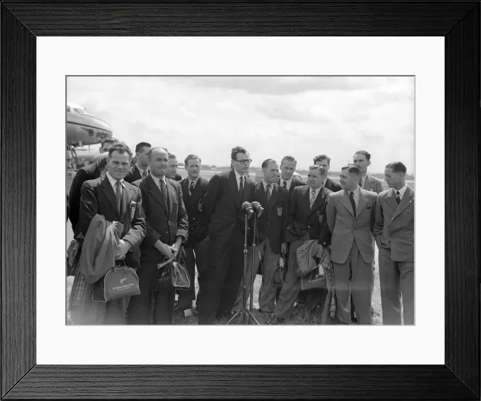 Framed Print : The England football squad at London airport just before departing to Brazil to